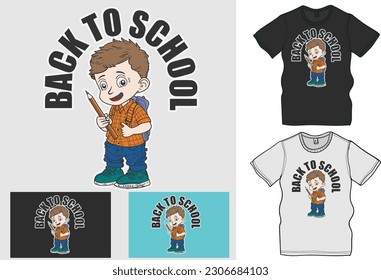 Back to school character graphic, character reading book, A character take pen, pencil, A boy take pencil or pen with Backpack, Ready a book. 
Back to school T-shirt design and boy Or child character