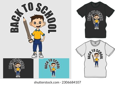 Back to school character graphic, character reading book, A character take pen, pencil, A boy take pencil or pen with Backpack, Ready a book. 
Back to school T-shirt design and boy Or child character