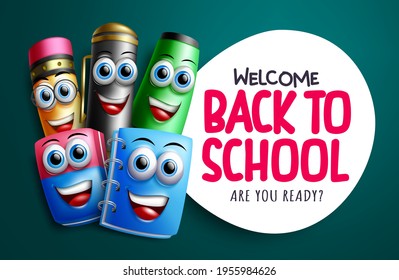 Back to school character vector banner template. Welcome back to school text with educational tools 3d characters like notebook, eraser and pencil for kid education study design. Vector illustration