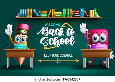 Back to school character vector design. Welcome back to school text with pencil and notebook 3d characters in classroom background sitting in desk with distance. Vector illustration