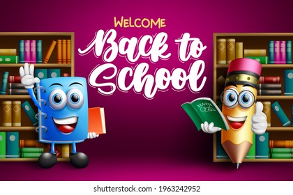 Back to school character vector design. Welcome back to school text with 3d educational characters like notebook and pencil in book shelves library background. Vector illustration 