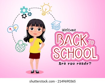 Back to school character vector design. Back to school text with 3d female standing and thinking student with learning and study icons for educational friendly character. Vector illustration.
