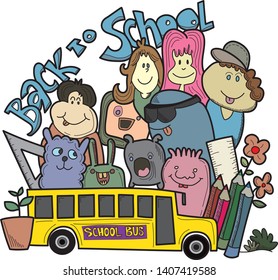 Back to school characters background template with funny education cartoon mascots.