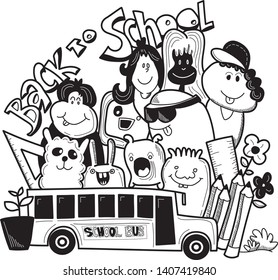 Back to school characters background template with funny education cartoon mascots.