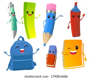 Back to school, characters background template with funny education cartoon mascots on white background. Vector illustration