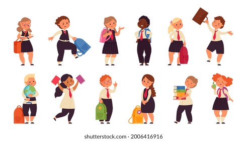Back to school characters. Cartoon smart kids, boys girls with backpack. Isolated cute smiling children students, education decent vector set