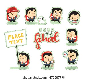 Back to School characters children Playing. School children education isolated characters. Student different emotions. Schoolboy character. Funny cute baby boy. Cartoon back to school. Doodle kids.
