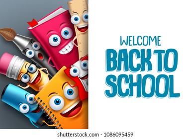 Back to school characters vector background template with funny education cartoon mascots and empty white space for educational text. Vector illustration.
