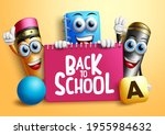 Back to school characters vector banner design. Back to school text with ball pen, pencil and notebook 3d character holding notepad for educational study background. Vector illustration