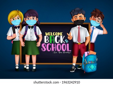 Back to school characters vector banner design. Welcome back to school text in chalkboard with 3d student character wearing face mask for covid-19 safety prevention background. Vector illustration