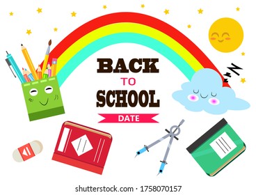 Back to School characters vector education background. Opening school text with colorful funny cartoon mascots for educational On sale stationary design template. Vector illustration.