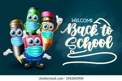 Back to school characters vector template design. Welcome back to school text in space with 3d character like notebook, ball pen, pencil and marker for educational background. Vector illustration  