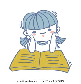 De vuelta a la escuela. Chica encantadora sentada en la biblioteca y lee libros interesantes o cuentos de hadas. A los niños les encanta la literatura. Educación y estudio. Ilustración del vector del doodle de contorno aislada en fondo blanco