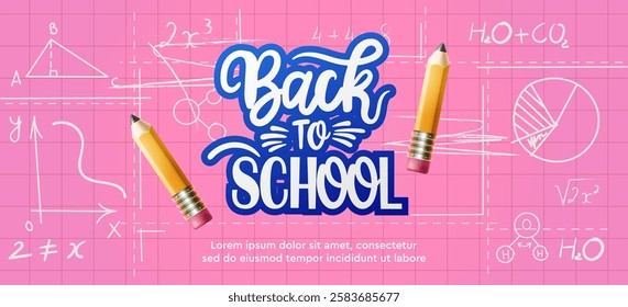 Back to school checkered paper web banner. Pencil line hand drawing design with pencils and science learning formulas, vector illustration