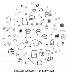 Back to school. Checkered pattern with school supplies. Graphic paper background. Hand drawn elements