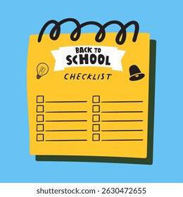 Back to school checklist. Flat vector illustration on blue background.