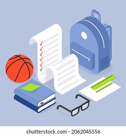 Back to school checklist isometric vector illustration. Planning list preparation to college education with schoolbag, books and textbooks, basketball ball. Management planner with checkmark