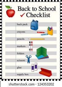 Volver a la lista de comprobación escolar, suministros. Mochila, lápices, lápices, marcadores, carpetas, tijeras, pegamento, caja de suministros, gran manzana roja para el profesor. Marco de comprobación en blanco y negro. Compatible con EPS8.