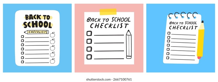 Back to school checklists. Set of paper notes. Flat vector design.  Hand drawn illustrations.