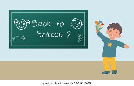 Back to school. a cheerful boy - School board - vector