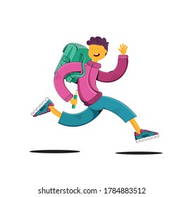 De vuelta a la escuela. Un niño alegre con ropa brillante y una mochila corre alegremente al colegio. De vuelta a la escuela. Ilustración vectorial, diseño plano. Ilustración vectorial. Destituido A Mano. Diseño plano.
