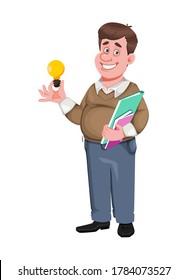 Back to school. Cheerful male teacher. Handsome teacher cartoon character. Vector illustration isolated on white background