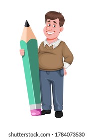 Back to school. Cheerful male teacher holds big pencil. Handsome teacher cartoon character. Vector illustration isolated on white background