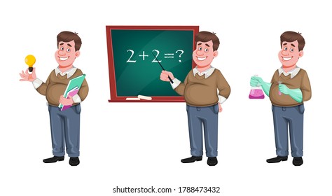 Back To School. Cheerful Male Teacher, Set Of Three Poses. Handsome Teacher Cartoon Character. Vector Illustration Isolated On White Background