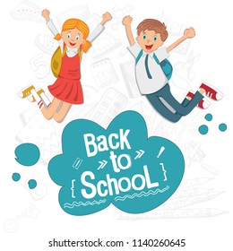 Back to school. Cheerful students are happy and go to school. Students in school uniform. Vector illustration. Isolated on white background