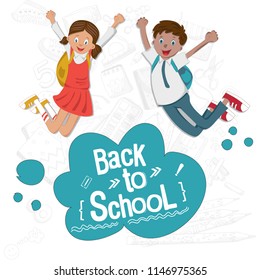 Back to school. Cheerful students are happy and go to school. Students in school uniform. Vector illustration. Isolated on white background