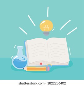 back to school, chemistry flask book and pencil, elementary education cartoon vector illustration