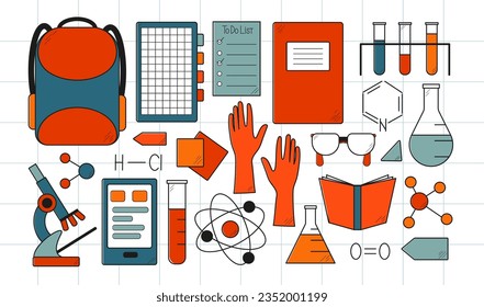 Back to school. Chemistry icons. Vector cartoon illustration in doodle style.