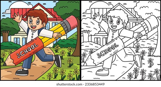 Ilustración de Lápiz gigante y niño de vuelta a la escuela