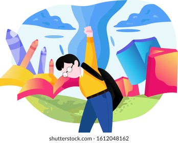 Back to School, A child likes to go to school with a backpack, Book and pencil background, Flat illustration design