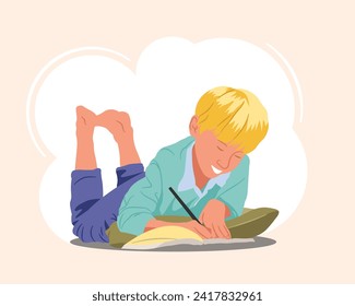 Back to school. Child lying on the floor reading book Isolated on white background. School boy, student get knowledge. Cartoon vector illustration