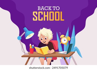 De vuelta a la escuela. Un niño está leyendo un libro. Formación y educación. Vector ilustración de dibujos animados.