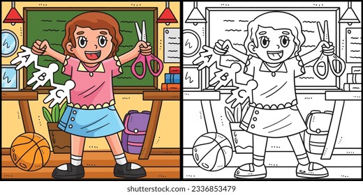 De vuelta a la escuela de niños con tijera Ilustración