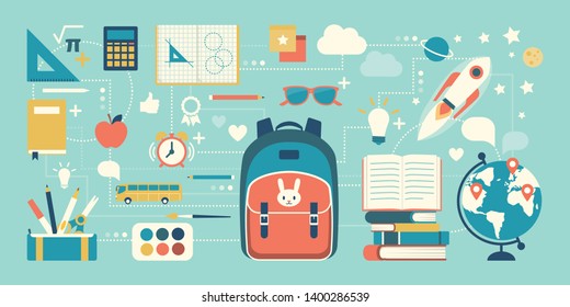 Back to school and childhood objects and icons: education, creativity and learning concept