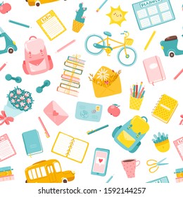 Back to school in a childish cartoon style. Vector seamless pattern. Study. A variety of colorful illustrations ideal for printing on baby textiles, packaging, fabrics, etc.