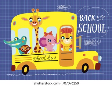 Back to school. Childish illustration on a blue background. School bus in vector.