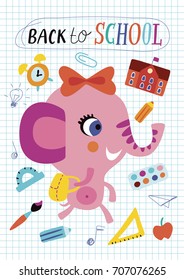 Back to school. Childish illustration on a white background. Pink elephant with a backpack in vector.