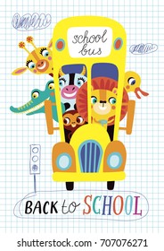 De vuelta a la escuela. Ilustración infantil sobre fondo blanco. Bus escolar en vector.