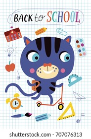 Back to school. Childish illustration on a white background. Cat with a backpack in vector.