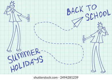 Back to School children art with paper airplane and Doodle character. Hand drawn welcome Back to School banner design template. Simple flat scribble vector illustration for web social media poster EPS