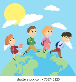 Back to school. Children with backpacks walk on earth.