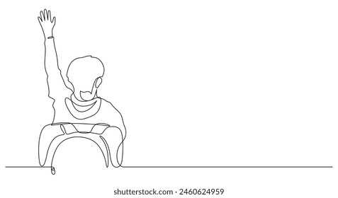 back of school children boy raising hand in classroom vector thin line illustration continuous drawing
