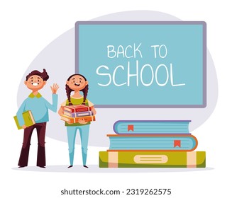 De vuelta a la escuela niños dibujos animados sobre el concepto de pancarta de antecedentes educativos. Ilustración del diseño gráfico del vector