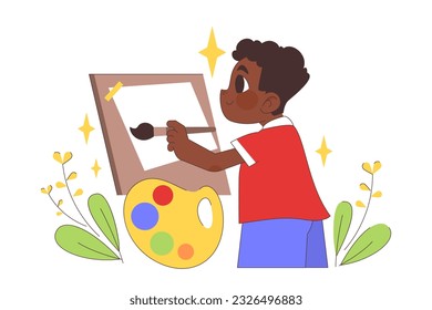 Back to school. Children doing school subject research. Happy boy making art, drawing a picture on a easel. Multidisciplinary studying, academic knowledge gaining. Flat vector illustration