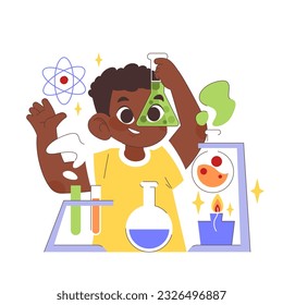 Back to school. Children doing school subject research. Happy boy studying chemistry. Multidisciplinary studying, academic knowledge gaining. Flat vector illustration