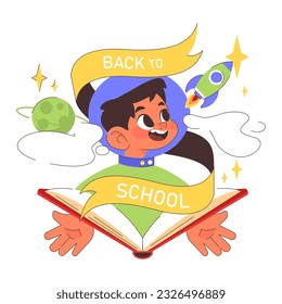 Back to school. Children doing school subject research. Happy boy reading a textbook. Multidisciplinary studying, academic knowledge gaining. Flat vector illustration